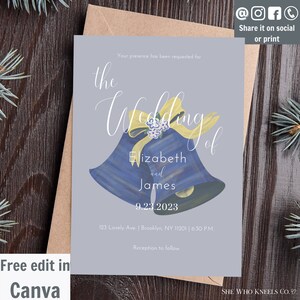 Modern Blue Wedding Bells Wedding Invitation Template, Blue Wedding Invite, Editable in Canva Wedding Invite, Invitation Blue Wedding Bells