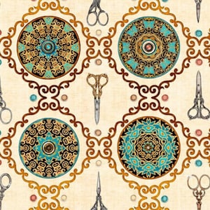 QT Fabrics Sew Lovely-Scissor Medallion Cream