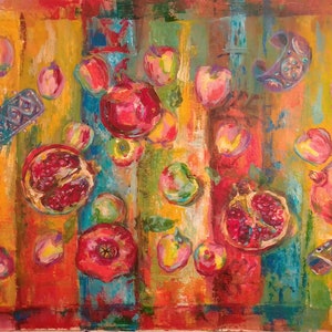 May include: An abstract painting with pomegranates, apples, and decorative jewellery set against a colourful striped backdrop. The artwork uses a vibrant palette of reds, oranges, greens, and blues, creating a lively and artistic composition.