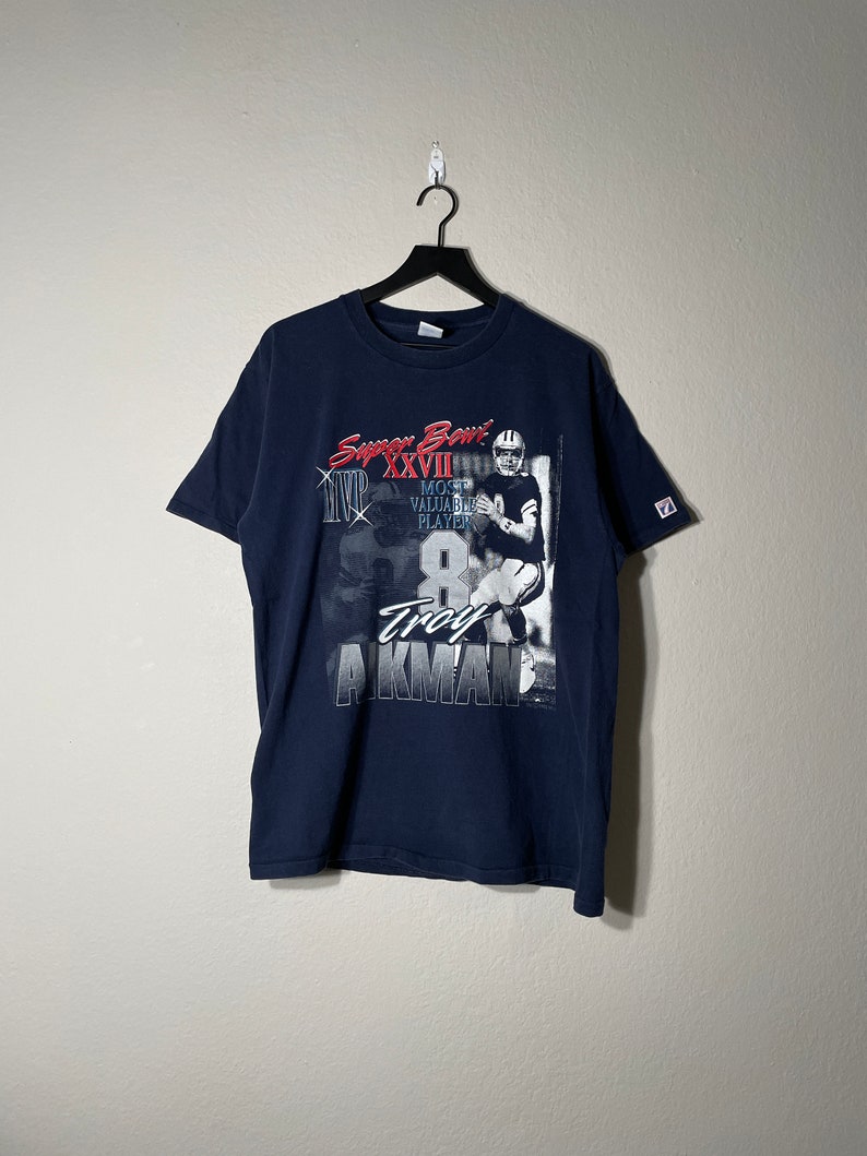 vintage 90s Dallas Cowboys Troy Aikman Super Bow MVP XXVII 1993 Single Stitch Shirt rare vtg usa