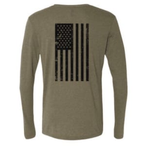 May include: A long-sleeved shirt in a green heather color with a black distressed American flag design on the back.