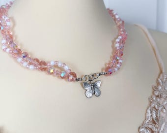 Pearly Pink Beaded Butterfly Necklace: Silver Accents, Fairycore Jewelry