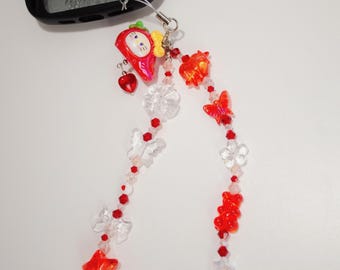 Hello Kitty Strawberry Beaded Phone Charm Strap – Red Kawaii Y2K Wristlet
