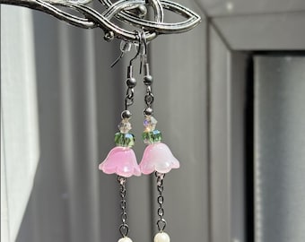 Pink Bellflower Pearl Drop Earrings: Stainless Steel Fairy Jewelry
