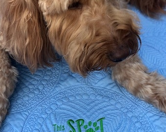 May include: A light blue quilted dog bed with green embroidery that reads "This spot is reserved for Hudson". A light brown dog is lying on the bed.