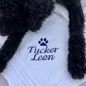 May include: White quilted blanket with a blue paw print and the name "Tucker Leon" embroidered on it. A black dog is lying on the blanket.