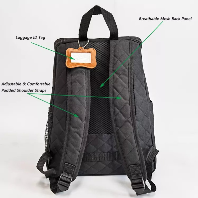 May include: Black quilted backpack with adjustable padded shoulder straps, a breathable mesh back panel, and a luggage ID tag.