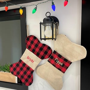 Dog Bone Stocking - Pet Stocking - Dog Stocking - Christmas stocking - Pet Christmas - Stockings - Red Check Burlap