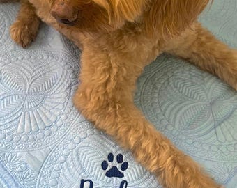 May include: A light blue quilted blanket featuring an intricate circular stitched pattern. The fabric is embroidered with a dark blue paw print icon and the name Ryder in a cursive script font, positioned beneath a golden-brown curly-haired dog.
