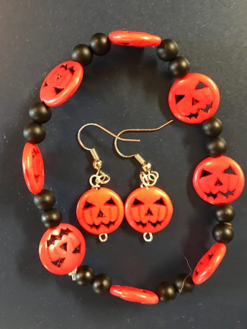 Pumpkin and matte bead stretch bracelet medium with pumpkin earring set