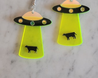 UFO Abduction Earrings: Cow Theme, Hypoallergenic