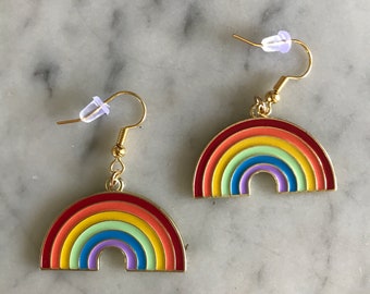 Gold Enamel Rainbow Earrings: Colorful Pop Earrings