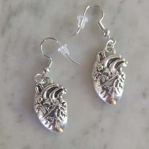 Anatomical heart earrings, silver