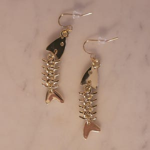 Silver Fish Skeleton Dangle Earrings: Unique Statement Jewelry Gold