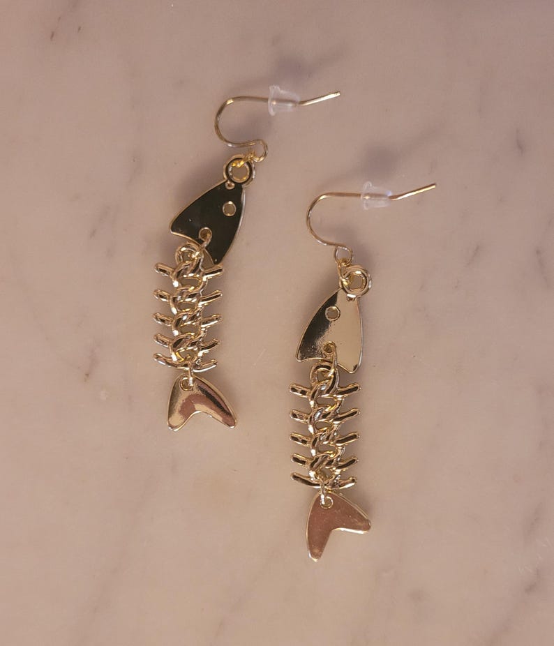 Silver Fish Skeleton Dangle Earrings: Unique Statement Jewelry Gold
