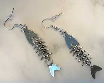 Silver Fish Skeleton Dangle Earrings: Unique Statement Jewelry