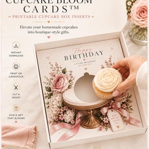 May include: Cupcake Bloom Cards printable cupcake box inserts featuring floral designs and Happy Birthday text. The set includes four designs in US letter size 21.59 cm by 27.94 cm, designed to elevate homemade cupcakes into gifts.