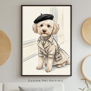 Brown and Beige Dog Print Beret Whimsical Dog Drinking Coffee Art Print – Dog in Beret With  main image 4