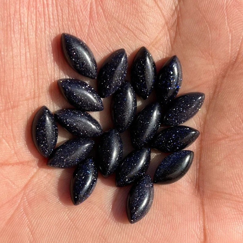 Juego de 2 piezas, piedra preciosa de cabujón con forma de marquesa de piedra arenisca azul de todos los tamaños, piedra solar brillante, piedra dorada para la fabricación de joyas, anillos, regalo para ella