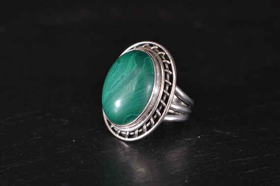 Large Silver Malachite Cabochon Panel Ring (S334) - image 1