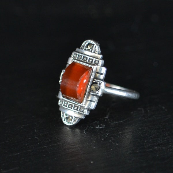Art Deco 935 Silver Carnelian And Marcasite Ring (S194)