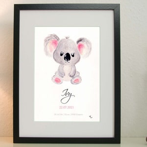 Geburtsplakat Koala / Personalisiertes Poster von handgemalten Koala / Taufe Koala / individuelles Geschenk zur Geburt