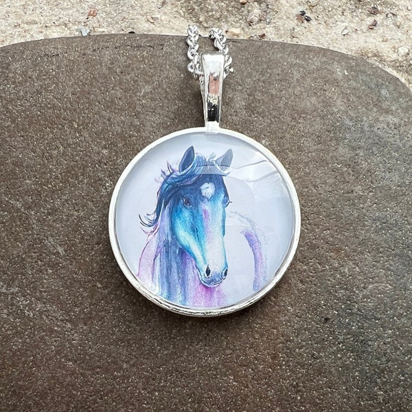 Cheval à chaîne, bijoux d'équitation, poney à chaîne, cheval coloré, pendentif d'aquarelle auto-peint, cheval aquarelle, cheval à peindre