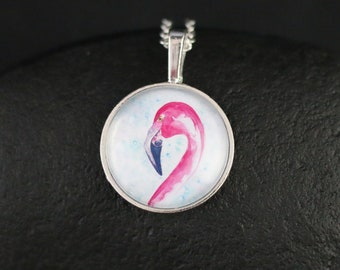 Handmade necklace with flamingo - necklace with bird, necklace pink pendant, motif of self-painted watercolor painting
