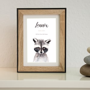 Poster di nascita Procione / Poster personalizzato di procione dipinto a mano / Battesimo bambino / Regalo individuale per la nascita