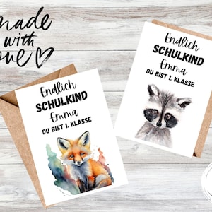 Karte zur Einschulung Fuchs, Karte zur Einschulung Waschbär, Karte Einschulung personalisiert, Geschenk Einschulung personalisiert
