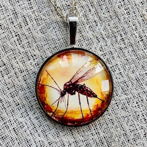Op de afbeelding: Een ronde hangerketting met een gedetailleerde illustratie van een mug. Het insect is afgebeeld in tinten rood en zwart tegen een warme, geel-oranje achtergrond. De hanger is omlijst in donker metaal en hangt aan een zilveren ketting.