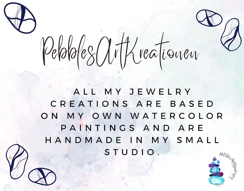 K&ouml;nnte beinhalten: Ein Aquarellbild eines Steinhaufens mit dem Text "Pebbles Art Kreationen" und dem Text "Alle meine Schmuckkreationen basieren auf meinen eigenen Aquarellbildern und werden in meinem kleinen Atelier handgefertigt."