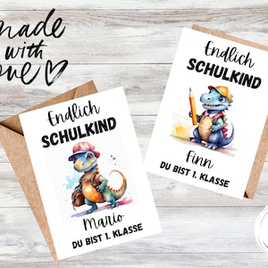 Karte zur Einschulung, Karte Einschulung personalisiert, Karte Einschulung Dino,  Karte mit Dinosaurier, Einschulung Karte Junge, Schulstart