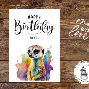 Happy Birthday Karte Erdmännchen, Karte Erdmännchen, Geburtstagskarte Erdmännchen in Aquarell, Handgemachte Karte, Geburtstagskarte Frau