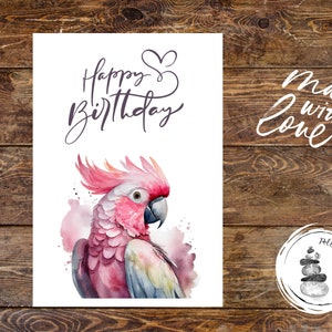Biglietto d'auguri cacatua, biglietto di buon compleanno uccello, biglietto rosa, biglietto fatto a mano, regalo di compleanno, cartolina, biglietto d'auguri