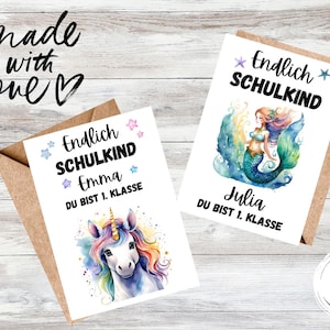 Karte zur Einschulung Meerjungfrau, Karte zur Einschulung Einhorn, Karte Einschulung personalisiert, Einschulung Mädchen, Einschulung 2024