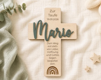 Taufkreuz aus Holz mit Namen, Datum und Spruch – personalisiert, Kreuz mit Namen, Geschenk Taufe