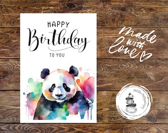 Happy Birthday Card Panda, Card Panda Bear, Birthday Card Bear, Panda Bear in Watercolor, Handmade Card, Birthday Card Panda Bear