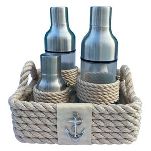 Nautisches Seil Öl Essig Salz Pfeffer Set – Küstenküchen Dekoration – Anker Seil Korb Gewürzhalter – Yacht Boot Tischdekoration