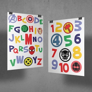 Superhero Alphabet & Numbers DIGITAL DOWNLOAD, avengers, captain america, hulk, spiderman, xmen iron man, poster, art