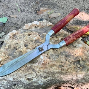 Op de afbeelding: Een heggenschaar met lange, scherpe metalen bladen en twee houten handvatten afgewerkt met versleten, roodbruine verf. Het gereedschap is voorzien van een centrale metalen draaischroef en een zilverkleurig metalen frame dat de bladen verbindt.
