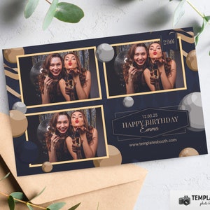 Birthday Photo booth template, Elegant Black Golden Party Photobooth template 6x4 3 Photo Template