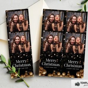Christmas Photo Booth, Golden Baubles Xmas Photobooth Template in 4x6 4 Photo, 2x6 2 Photo Template