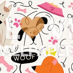 May include: A white background with a pattern of dogs, paw prints, bones, and swirls. The text "WOOF" is in a black speech bubble. The text "LOVE WALLPAPERS" is in white letters.