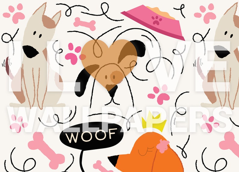 May include: A white background with a pattern of dogs, paw prints, bones, and swirls. The text "WOOF" is in a black speech bubble. The text "LOVE WALLPAPERS" is in white letters.