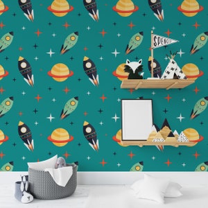 Space Rockets between Planets Self-Adhesive Wallpaper Turquoise Cosmos Retro Mural Kids Peel And Stick Vinyl image 6