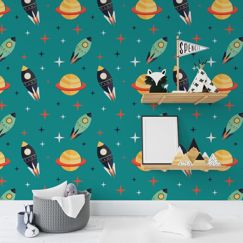 Space Rockets between Planets Self-Adhesive - Turquoise Cosmos Retro - Kids Vinyl Peel and Stick Wallpaper | Removable Wall Mural image 6