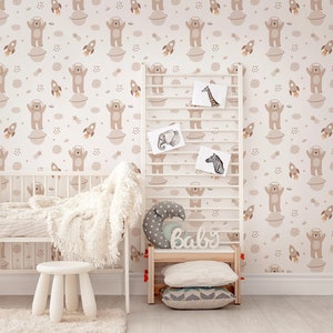 Papel tapiz con dibujos de osos y el espacio / Mural de pared para habitación infantil con diseño bohemio y bonito para despegar y pegar / Decoración de pared para dormitorio infantil