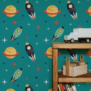 Space Rockets between Planets Self-Adhesive Wallpaper Turquoise Cosmos Retro Mural Kids Peel And Stick Vinyl image 8