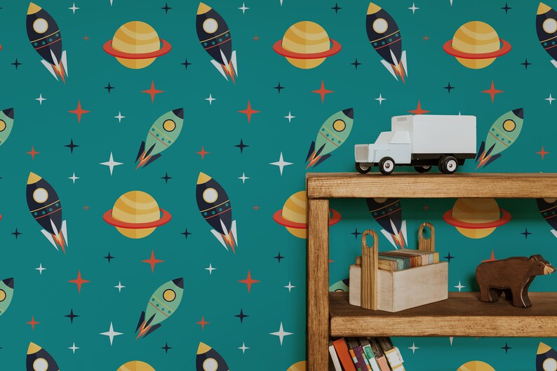 Space Rockets between Planets Self-Adhesive Wallpaper Turquoise Cosmos Retro Mural Kids Peel And Stick Vinyl image 8